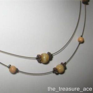 NEW 15" FLOATING Necklace Double Strand Tan Marbled Glass Brass Beaded N075